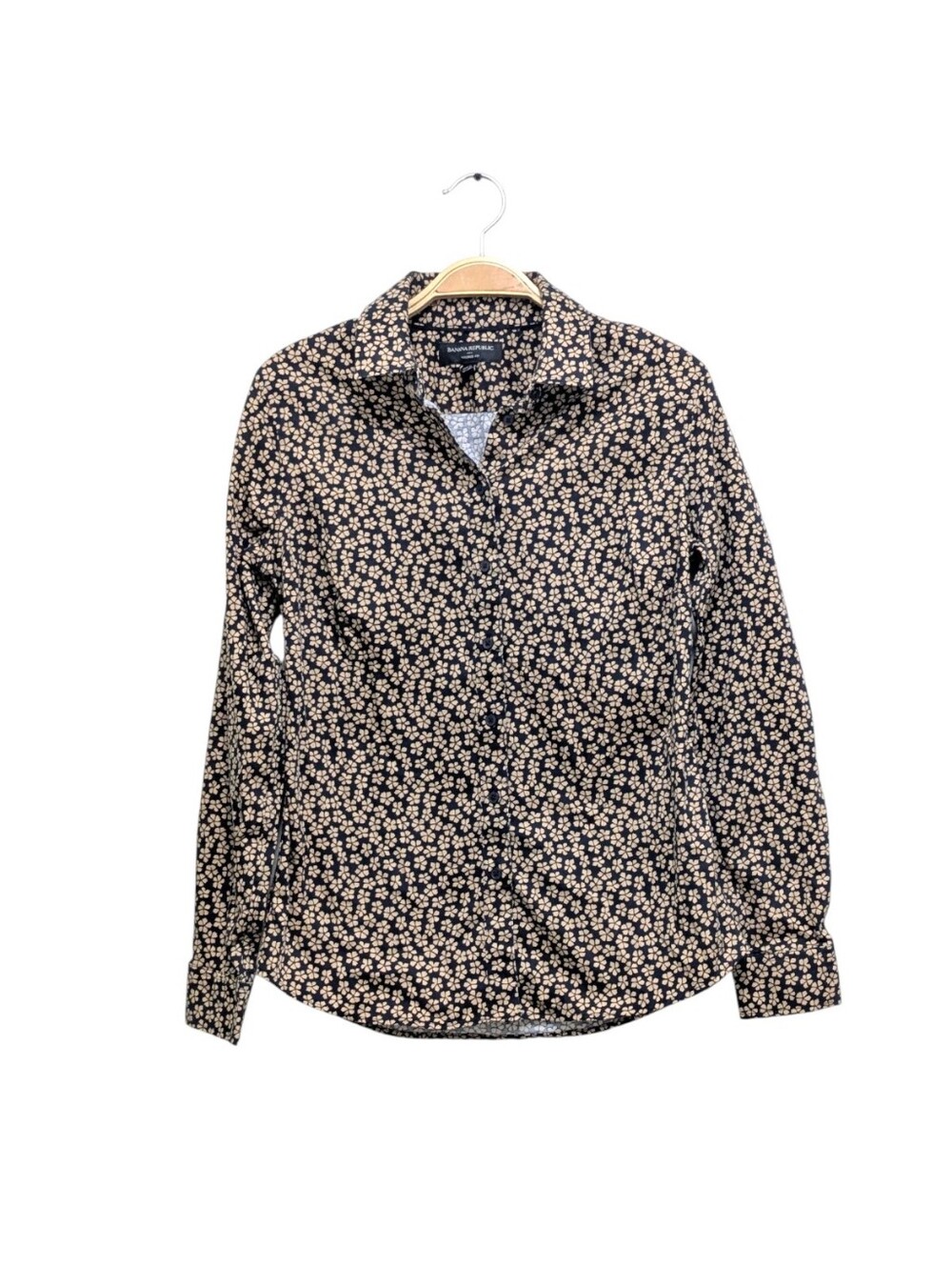 Banana Republic Tailored Fit Floral Button Down Blouse Navy Cream Workwear Top